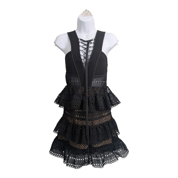 Self-Portrait Black Lace Up Tiered Mini Dress Deep V-Neck Sleeveless Cocktail 2